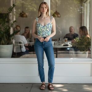 Kendall + Kylie Women's Indigo Tropical Leaf Ruffled Strap Cami Top Size XL NWT